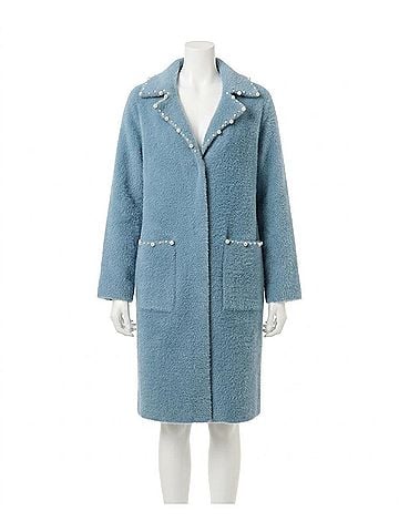 Joseph Ribkoff Pearl Trim Long Sleeves Feather Yarn Coat in Chambray (view 1)