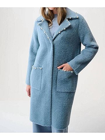 Joseph Ribkoff Pearl Trim Long Sleeves Feather Yarn Coat in Chambray (view 2)