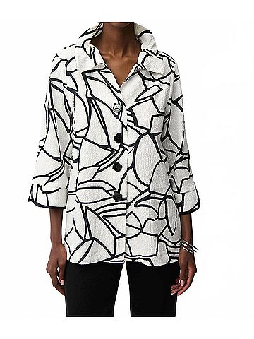 Joseph Ribkoff Seersucker Abstract Print Trapeze Jacket With Contrast Button in Vanilla/Black (view 2)