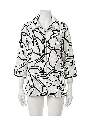 Joseph Ribkoff Seersucker Abstract Print Trapeze Jacket With Contrast Button in Vanilla/Black (view 1)