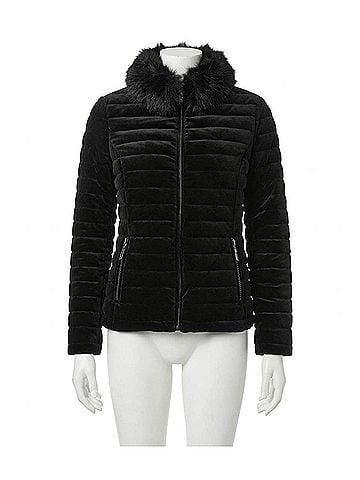 Joseph Ribkoff Velvet Faux Fur Puffer Jacket in Black (view 1)