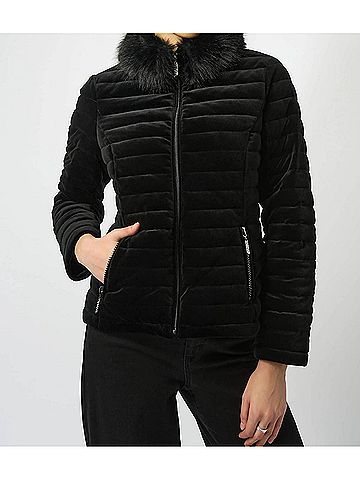 Joseph Ribkoff Velvet Faux Fur Puffer Jacket in Black (view 2)