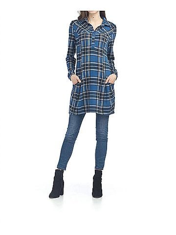 Papillon Plaid Henley Sweater Dress in Blue (view 2)
