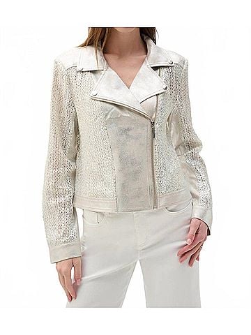 Joseph Ribkoff Faux Suede Foiled Knit Moto Jacket in Silver (view 2)