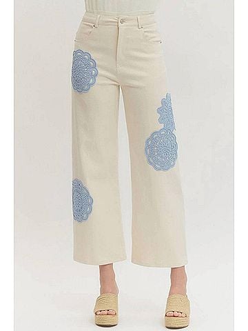 Entro Lace Applique Wide Leg Pants in Cream (view 2)