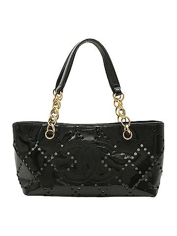 Chanel CHANEL Chanel Coco Mark Perforated Chain Tote Bag Shoulder Enamel Patent Leather Black (view 1)
