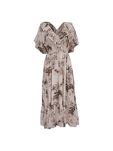 Sandro Sandro Printed Midi Dress with Ruffles in Multicolor Viscose (view 1)