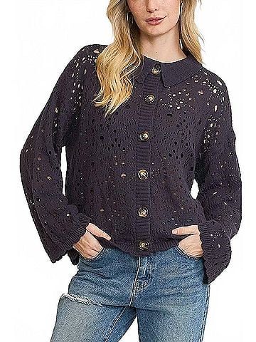 Umgee Women's Crochet Knit Cardigan in Midnight (view 2)