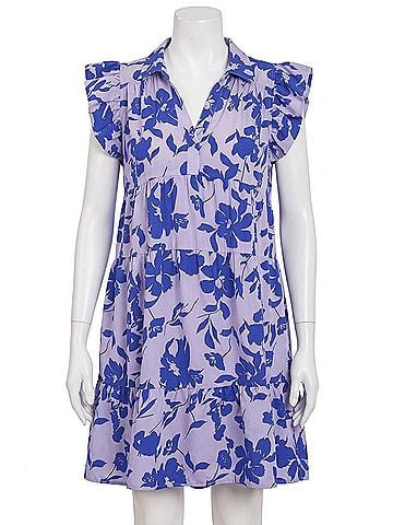 Umgee Print Collared Tiered Ruffle Dress in Blue (view 1)