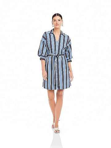 Fifteen Twenty Blaire Lantern Sleeve Tie Dress in Blue/Cream (view 2)