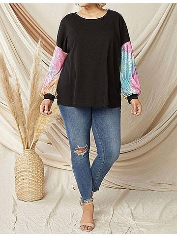 Entro Solid Waffle Top With Sequin Sleeves - Plus in Black (view 2)