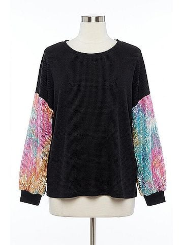 Entro Solid Waffle Top With Sequin Sleeves - Plus in Black (view 1)