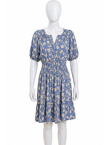 Umgee Split Neck Floral Puff Sleeve Dress With Smocked Waistband in Blue (view 1)