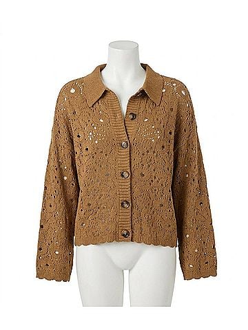 Umgee Women's Crochet Knit Cardigan in Oatmeal (view 1)
