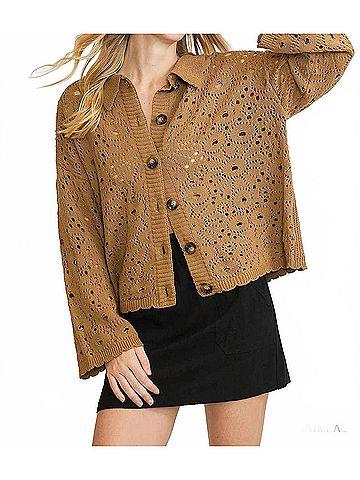 Umgee Women's Crochet Knit Cardigan in Oatmeal (view 2)