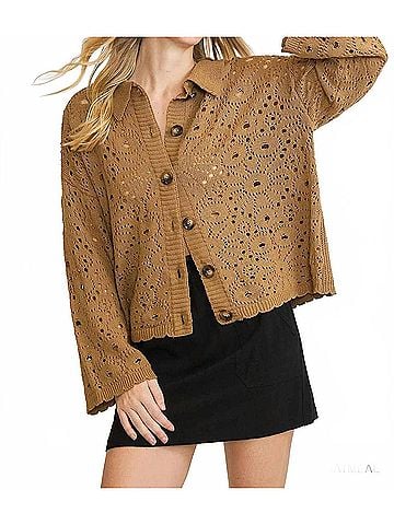 Umgee Women's Crochet Knit Cardigan in Oatmeal (view 2)