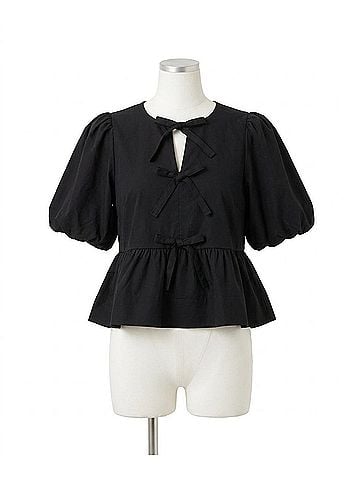 Entro Women's Short Puff Sleeve Peplum Bow Top in Black (view 1)
