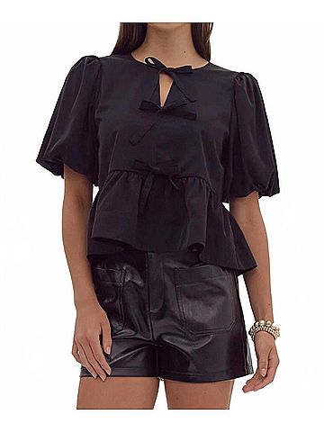Entro Women's Short Puff Sleeve Peplum Bow Top in Black (view 2)