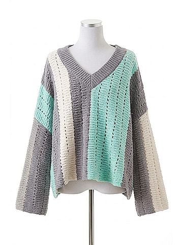 Pol Soft Striped V-Neck in Grey/Mint (view 1)