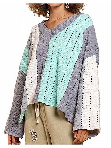 Pol Soft Striped V-Neck in Grey/Mint (view 2)