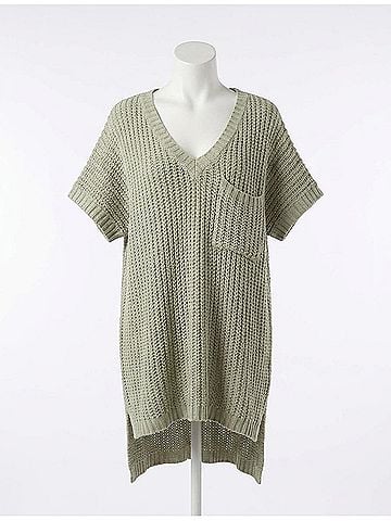 Pol High-Low Short Sleeve Chenille Sweater in Sage (view 1)