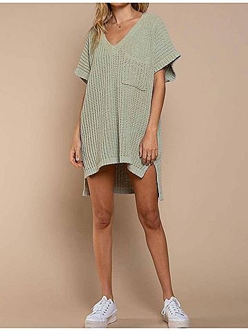 Pol High-Low Short Sleeve Chenille Sweater in Sage (view 2)