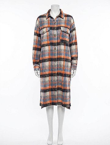 Easel Plaid Button Down Jacket in Denim/Orange (view 1)