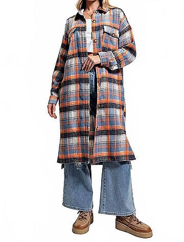 Easel Plaid Button Down Jacket in Denim/Orange (view 2)