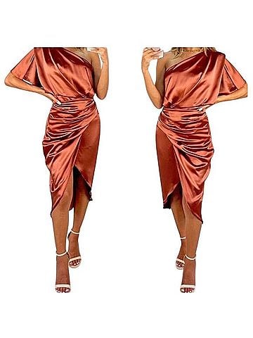 Pink Adobe Satin Asymmetrical Draped One Shoulder Dress Cocktail Dress (view 1)
