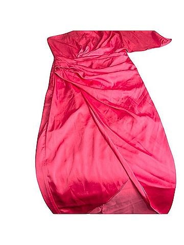 Pink Adobe Satin Asymmetrical Draped One Shoulder Dress Cocktail Dress (view 2)