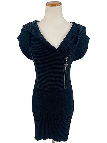 Guess 2009 Vintage Black Ribbed Hooded Fitted Mini Sweater Dress | Y2K Indie Sleaze Dark Academia Siren Casual Dress (view 2)