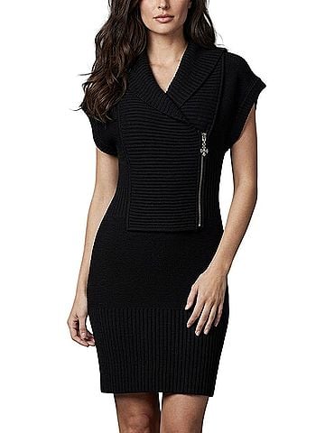 Guess 2009 Vintage Black Ribbed Hooded Fitted Mini Sweater Dress | Y2K Indie Sleaze Dark Academia Siren Casual Dress (view 1)