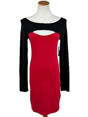 Guess 2024 NWT Cutout Long Sleeve Black &amp; Red Fitted Bodycon Mini Dress | Y2K Party Baddie Siren Edgy Cocktail Dress (view 2)