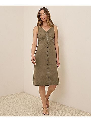 Pact Khaki Green Canopy Linen Blend Button-Front Dress (view 2)