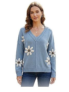 Pol Dusty Blue V-Neck Sweater with Daisy Knit Patches Pullover Sweater (view 1)
