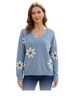 Pol Dusty Blue V-Neck Sweater with Daisy Knit Patches Pullover Sweater - photo 1