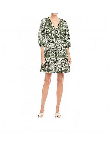 Fifteen Twenty Tasha Tiered Dress in Green/Off White Print (view 2)