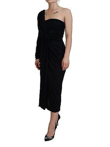 Dolce & Gabbana Black Wrap Sheath One Shoulder Wool Women's Dress (view 2)
