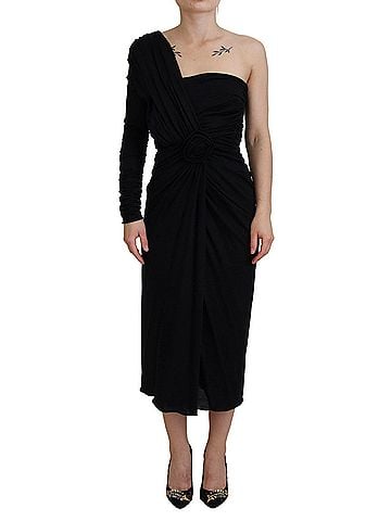 Dolce & Gabbana Black Wrap Sheath One Shoulder Wool Women's Dress (view 1)