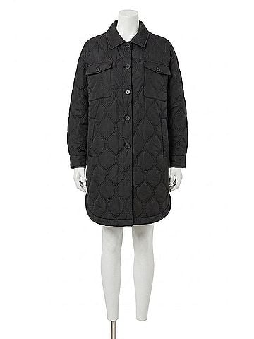 Tribal Long Quilted Button-Up Jacket With Pockets in Black (view 1)