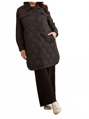 Tribal Long Quilted Button-Up Jacket With Pockets in Black (view 2)