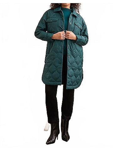 Tribal Long Quilted Button-Up Jacket With Pockets in Opal Green (view 2)