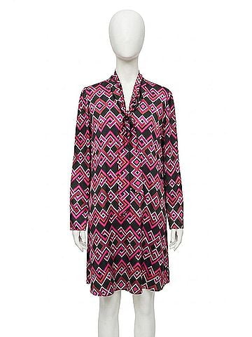 Joseph Ribkoff Geometric Pussy Bow Satin Shift Dress in Black/Multi (view 1)