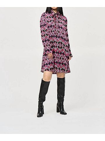 Joseph Ribkoff Geometric Pussy Bow Satin Shift Dress in Black/Multi (view 2)