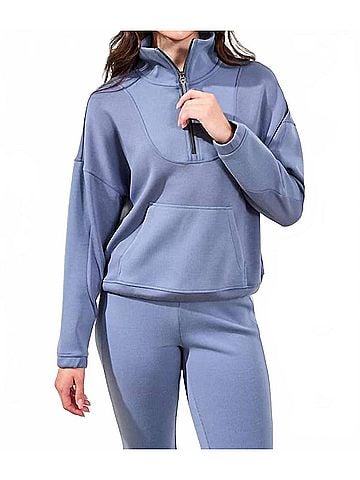 Tribal Techno Lux Zip Mock Neck Top in Slate Blue (view 2)