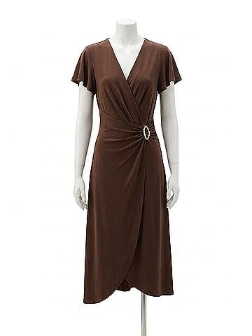 Joseph Ribkoff Ruffled Sleeves Midi Wrap Dress in Mahogany (view 1)