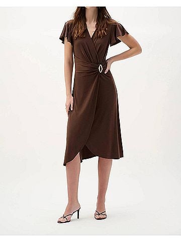 Joseph Ribkoff Ruffled Sleeves Midi Wrap Dress in Mahogany (view 2)