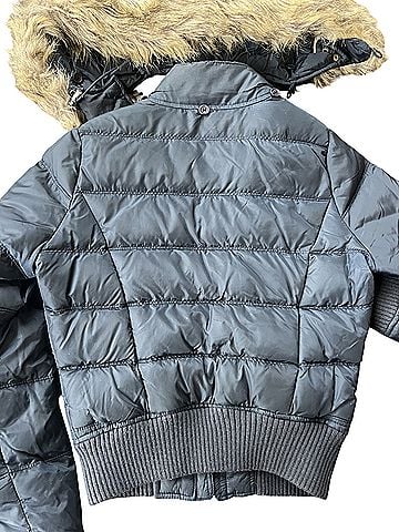 Abercrombie & Fitch Vtg Y2K Navy Cropped Puffer Coat Faux Fur Hood Medium Jacket (view 2)