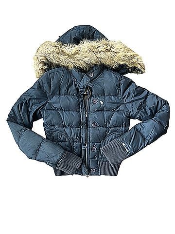 Abercrombie & Fitch Vtg Y2K Navy Cropped Puffer Coat Faux Fur Hood Medium Jacket (view 1)