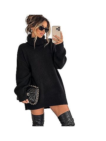 H&M H&amp;M Turtleneck Sweater Dress Womens L Black Wool Blend Oversized Cozy Knit Mini Casual Dress (view 1)